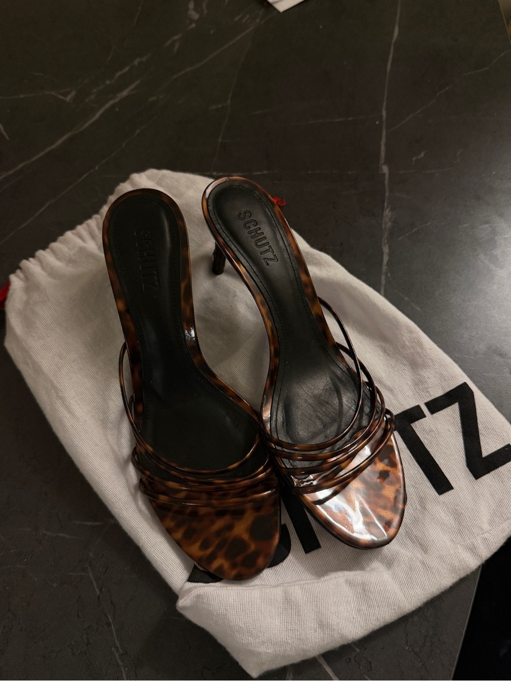 SCHUTZ Tortoiseshell Leopard-Pattern Strappy Heeled Sandals Inez Mule - Picture 2 of 5